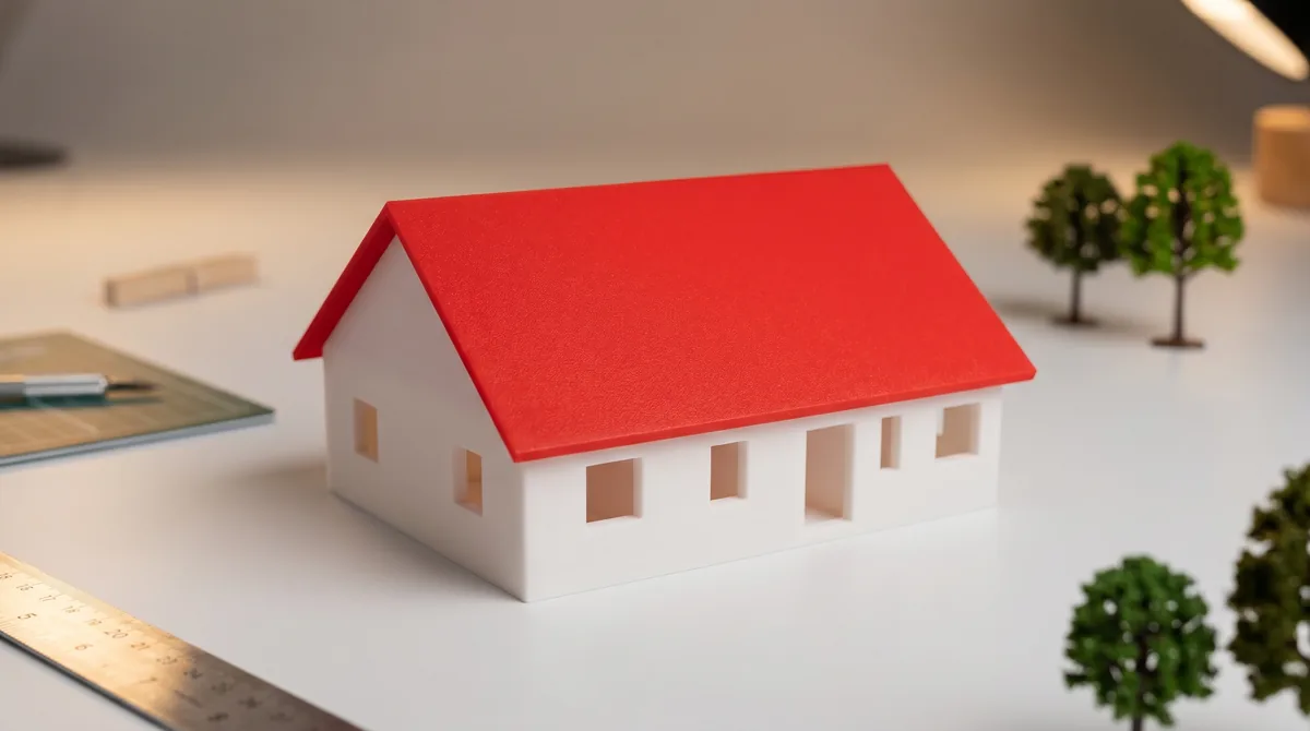 Single-storey model with bright red gable roof