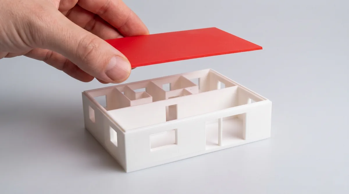 Hand lifting the red roof piece off the model